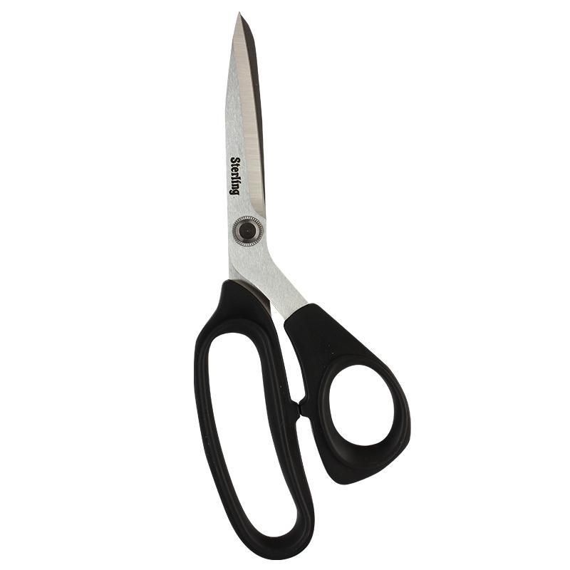 Pair of stainless steel scissors with large black ergonomic handles, Sterling brand.