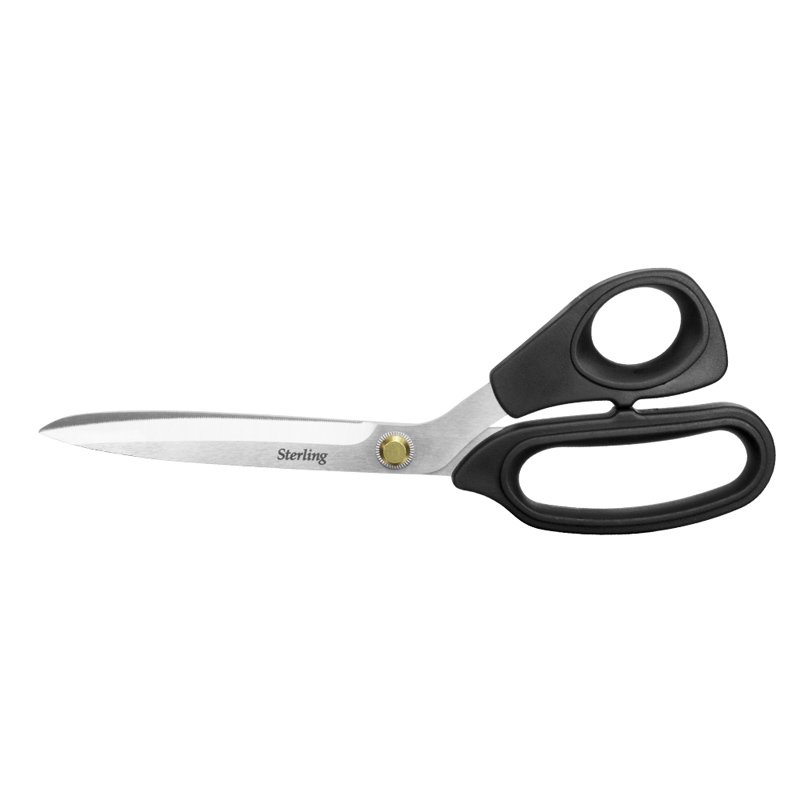 Sterling kitchen scissors with stainless steel blades and black ergonomic handles on a white background.