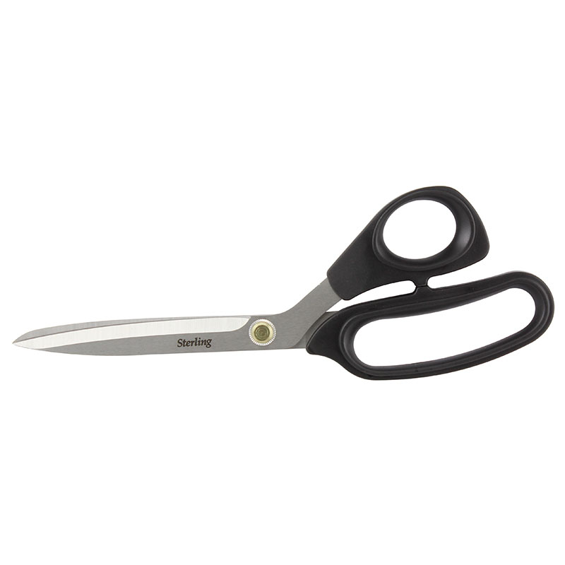 Pair of metal scissors with black ergonomic handles and silver blades (Sterling brand).