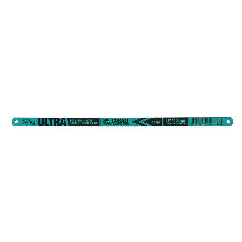 Turquoise Sterling Ultra hacksaw blade with 18 TPI, 12 in (30 cm) length and 8% cobalt labeling.