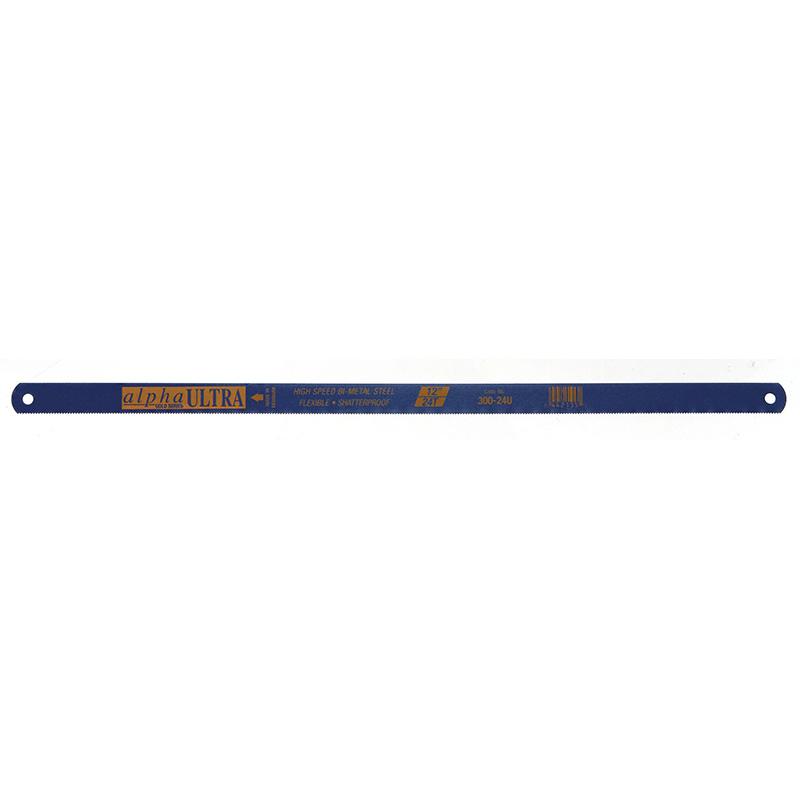 Blue Alpha Ultra hacksaw blade laid flat, long blue strip with holes at both ends for mounting on a frame.