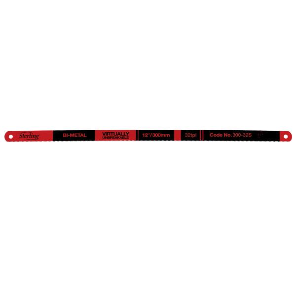 Red and black Sterling bi-metal tape measure strip with end holes and marked 12 in / 300 mm.
