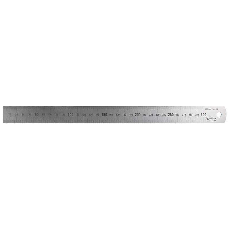 Stainless steel metric ruler laid flat, marked from 0 to 300 mm with fine measurement ticks.