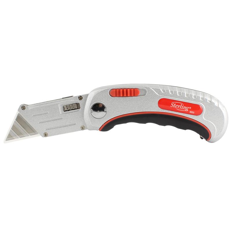 Retractable utility knife with a silver body, red accents, and black grip, shown in side view.