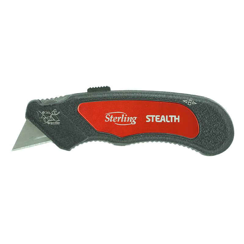 Retractable utility knife with black handle and red grip labeled ‘Sterling Stealth’.