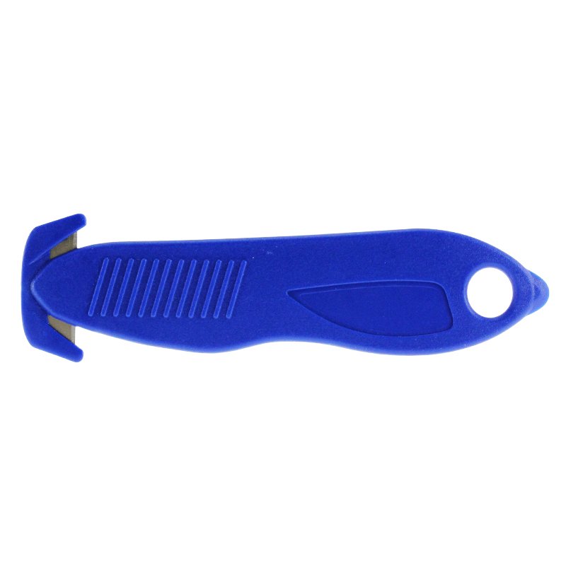 Blue plastic vegetable peeler with a metal blade on the left and a hanging hole at the handle end.