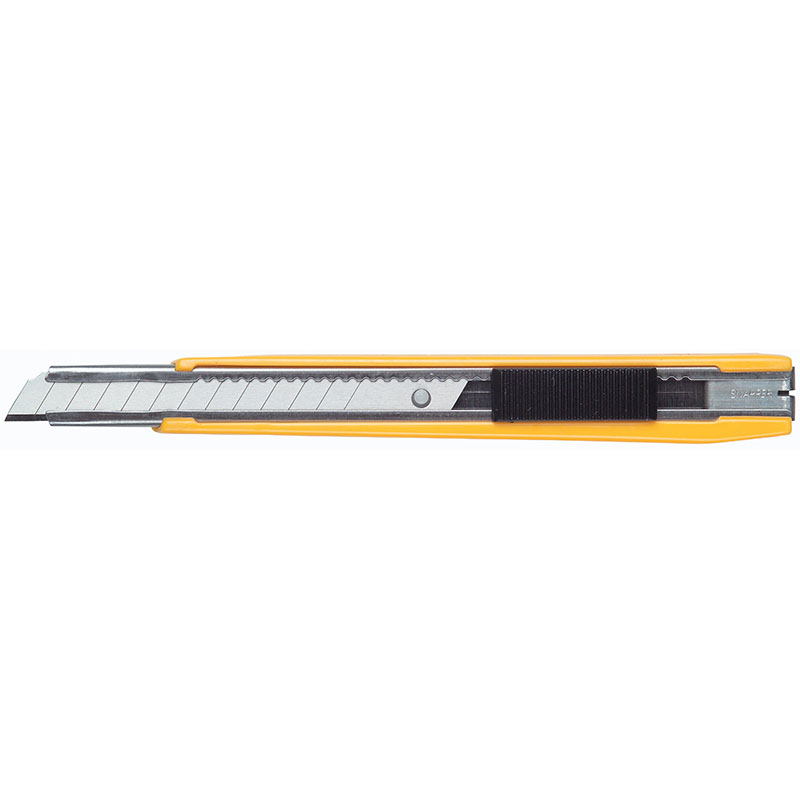 Retractable utility knife with a yellow plastic body and extended segmented blade.