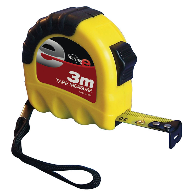 Yellow plastic tape measure with 3m label and black grip, blade extended with metal end hook visible and wrist strap attached.