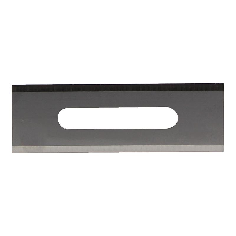 Flat metal blade with a rounded rectangular cutout in the center, like a scraper blade piece.