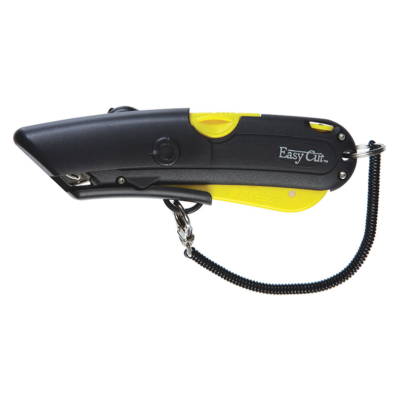 Yellow and black EasyCut utility knife with a coiled lanyard attached