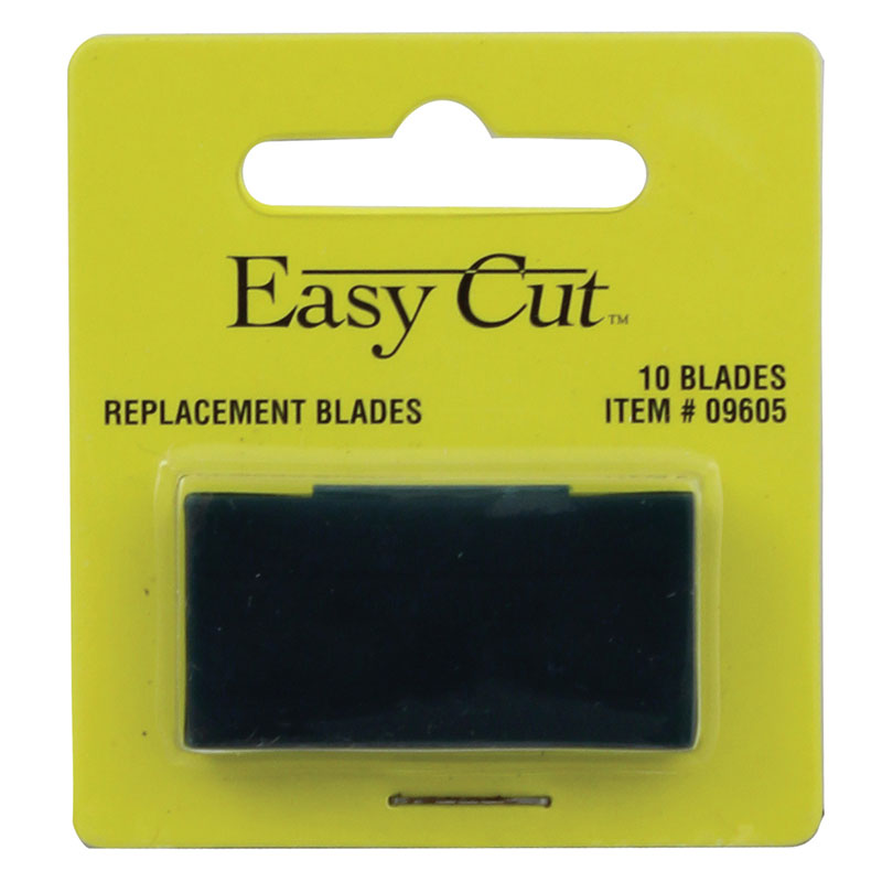 Yellow Easy Cut replacement blades packaging showing a small black blade block, 10 blades, item #09605, 'Easy Cut' branding at top.