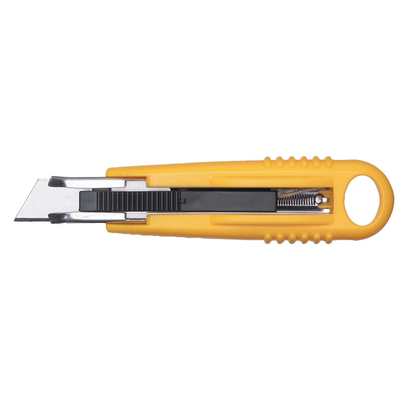 Yellow utility knife with a retractable blade extended and a textured grip on a white background.