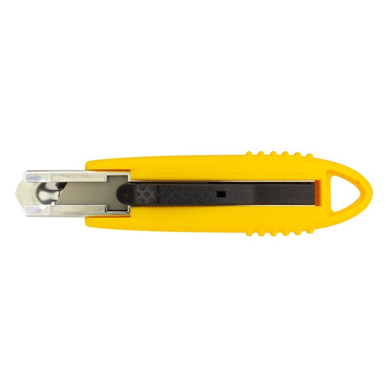 Yellow retractable utility knife with metal blade extended to the left, black grip in the center, and a loop at the right end for hanging or gripping edges.