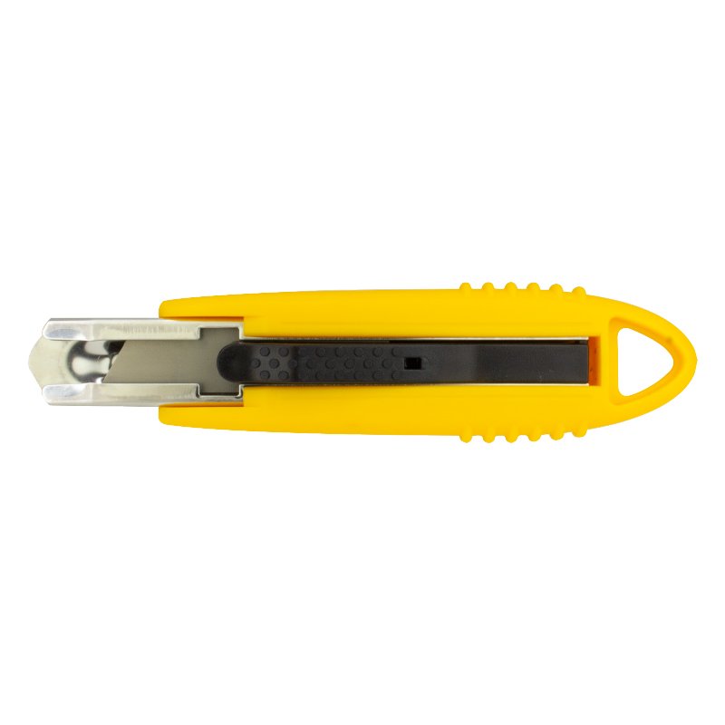 Yellow box cutter with a retractable metal blade extended, on a white background, showing its ergonomic grip and safety notches.