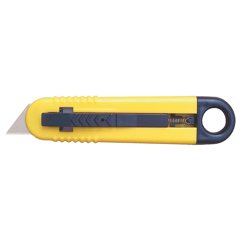 Yellow retractable utility knife with a black sliding blade and a round handle loop on the end for hanging or gripping.
