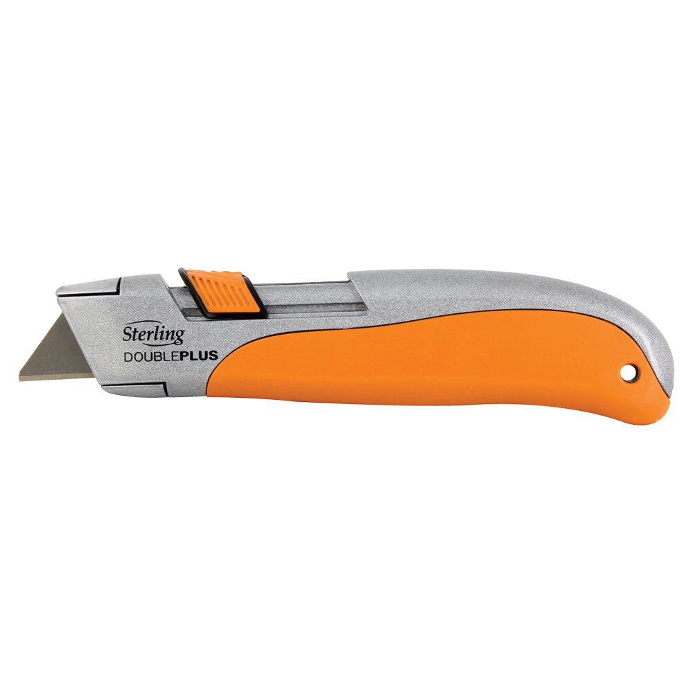 Orange-handled utility knife with retractable blade and orange thumb slider, shown in profile