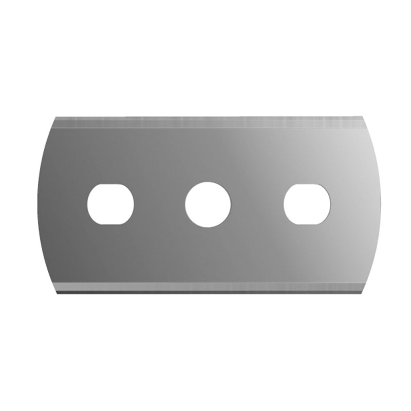 Metal razor blade with three circular holes, oriented horizontally