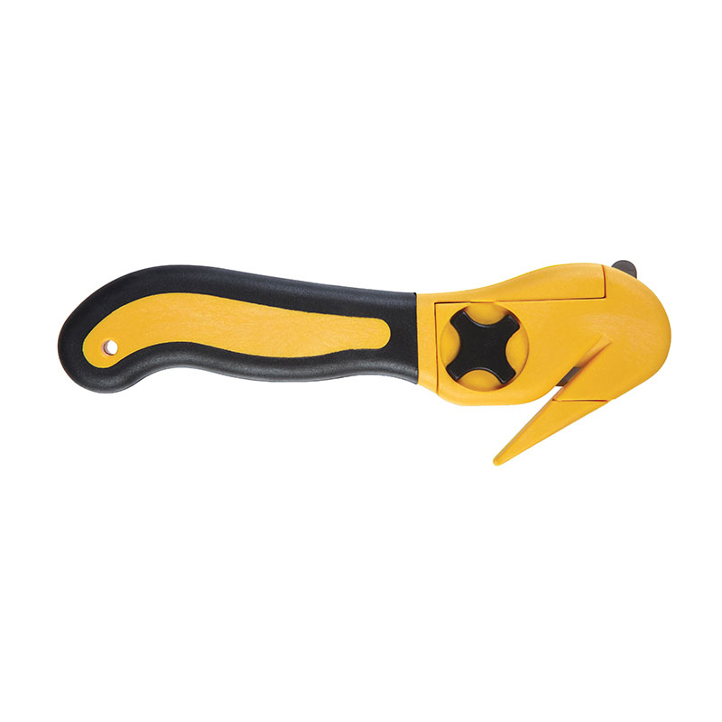 Yellow and black handheld utility knife with retractable blade guard