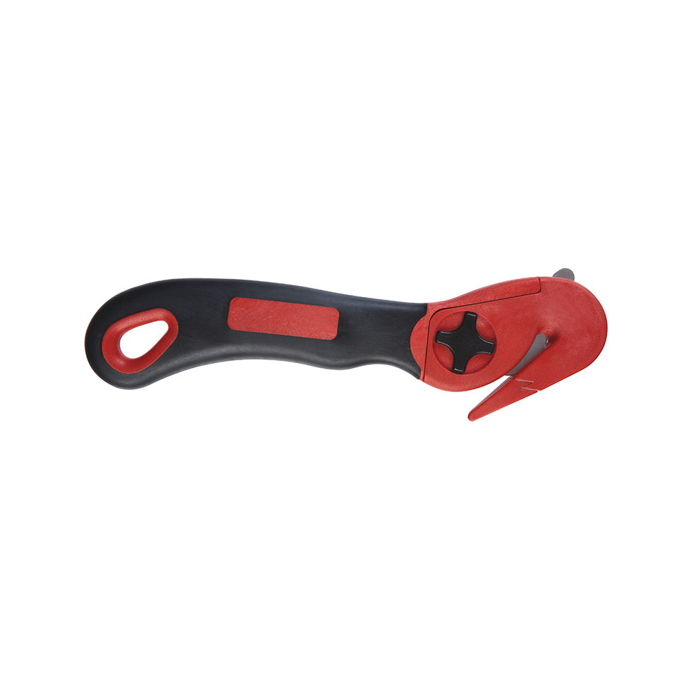 Handheld rotary cutter with a red and black ergonomic handle and a circular cutting wheel at the end.