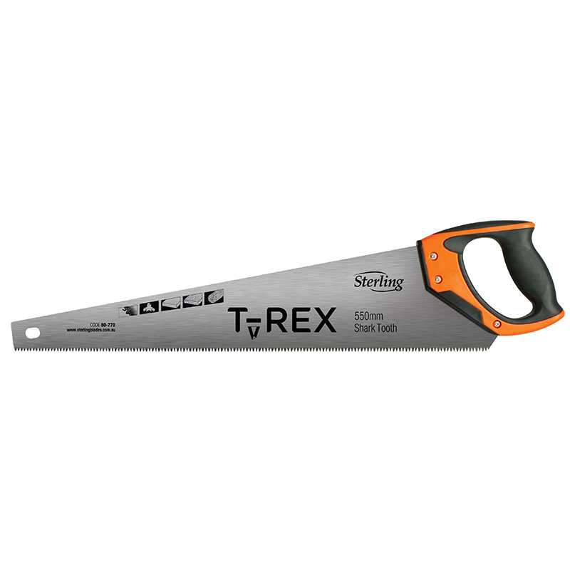 Silver handsaw with an orange-and-black handle, labeled 'T-REX 550mm Shark Tooth' for woodworking