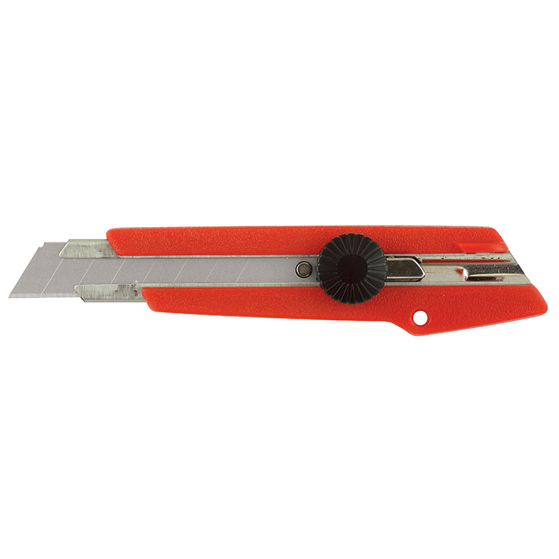 Orange retractable utility knife with extended blade and black adjustment wheel