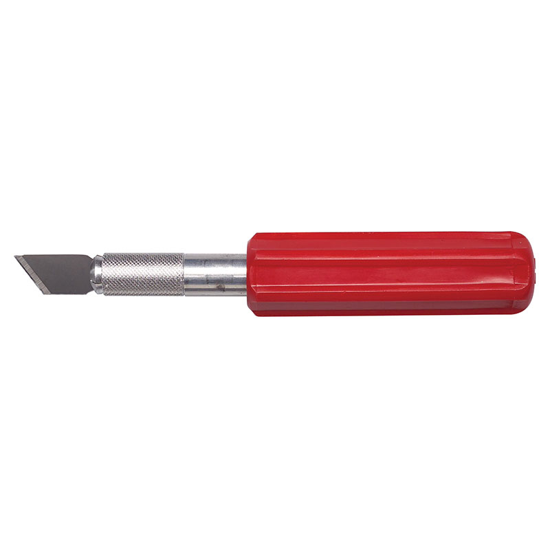 Red-handled craft knife with a small angled blade extended from the metal shaft