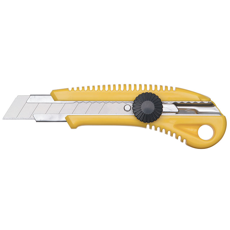 Yellow retractable utility knife with a partially extended blade and black adjustment wheel, shown in profile.