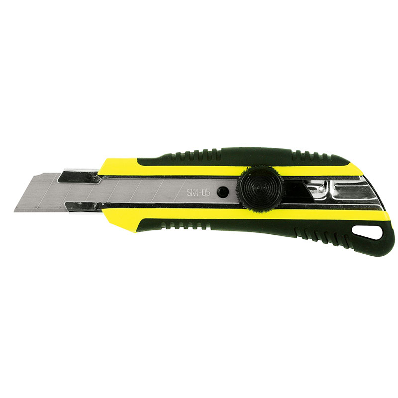 Yellow and black retractable utility knife with blade extended for cutting materials