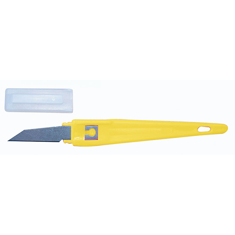 Yellow utility knife with a retractable metal blade and a white blade cap placed nearby; used for cutting materials like paper or cardboard.