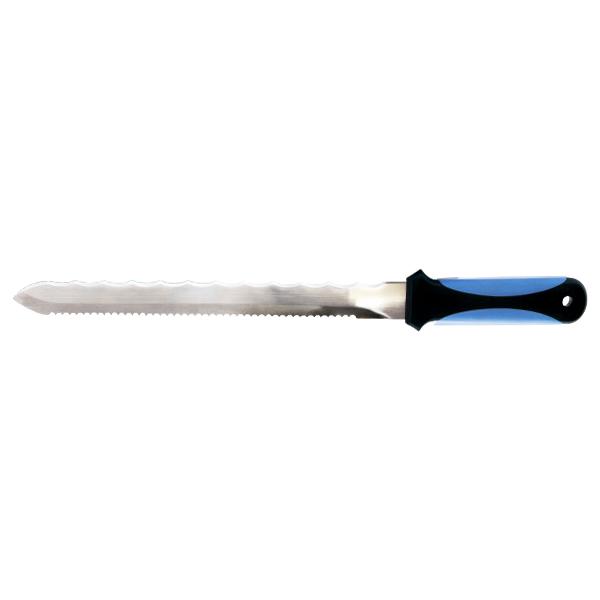 Serrated bread knife with a blue and black ergonomic handle on a white background, blade aligned left.