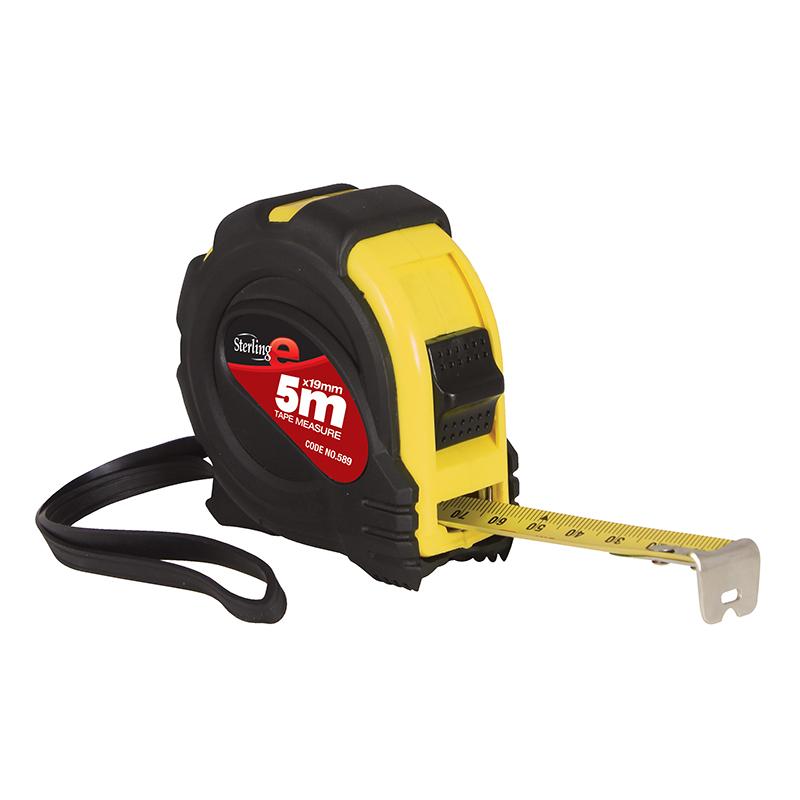Yellow and black retractable tape measure with a 5 m tape extension and metal end hook fully extended from the case, strap attached for carrying