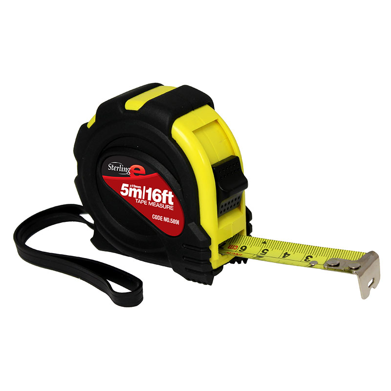 Bright yellow and black retractable tape measure with extended metal tape and wrist strap visible.