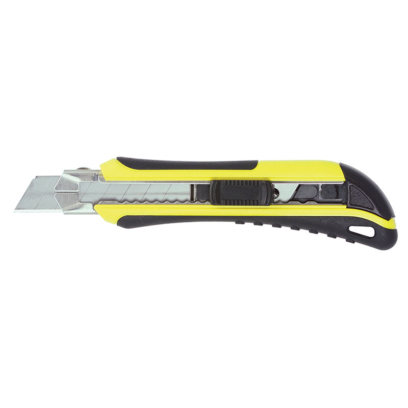 Yellow-and-black retractable utility knife with extended blade, handheld cutting tool for scoring and slicing material