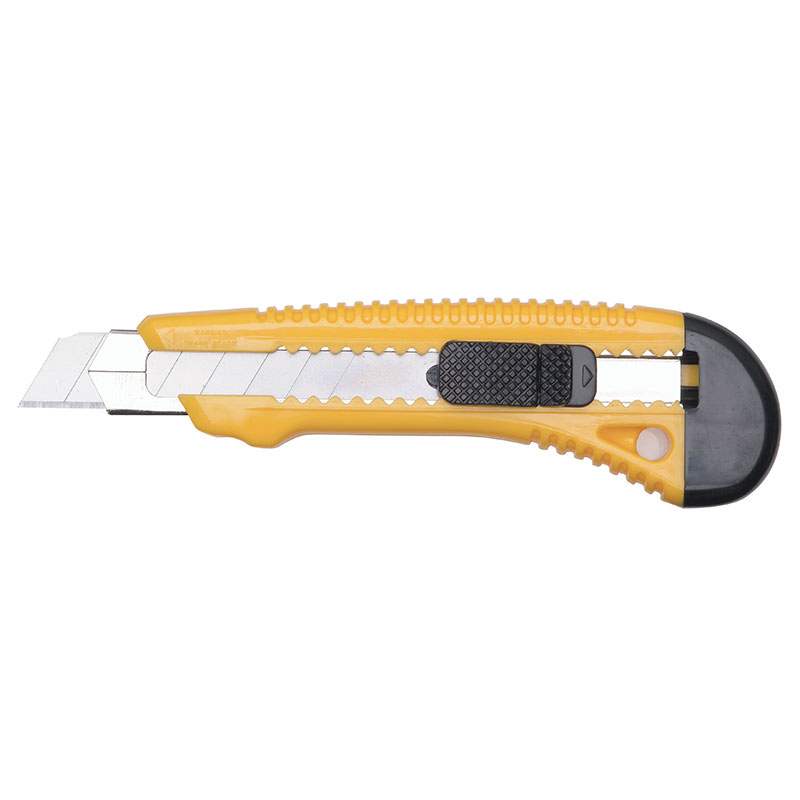 Yellow retractable utility knife with metal blade extended, ready to cut cardboard or packaging.