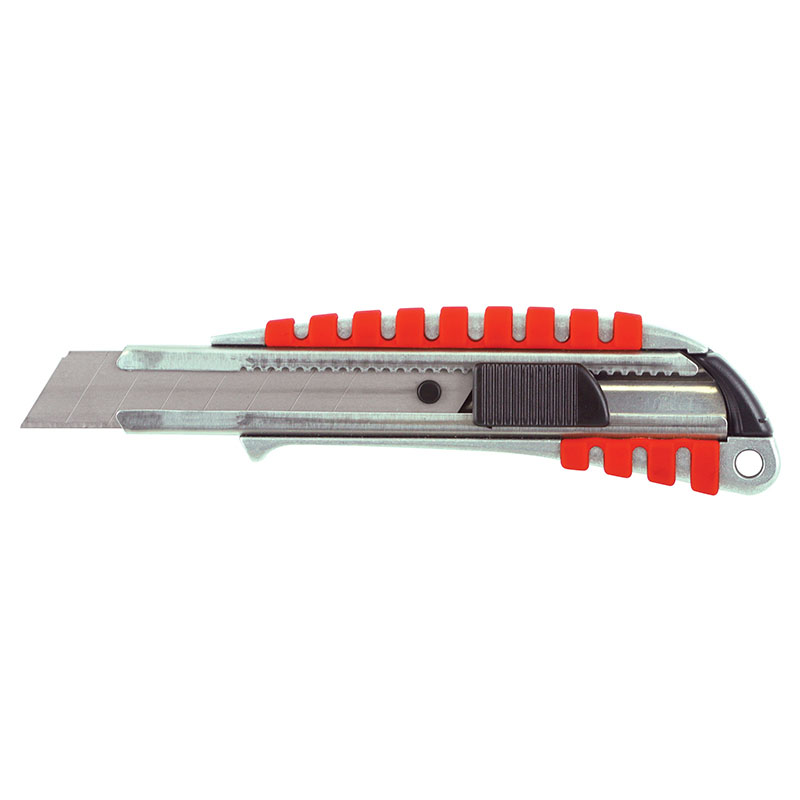 Retractable box cutter with a silver extendable blade and red grip accents on a white background.