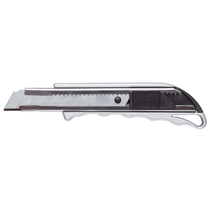 Utility knife with retractable blade and textured black grip used for cutting boxes and opening packages