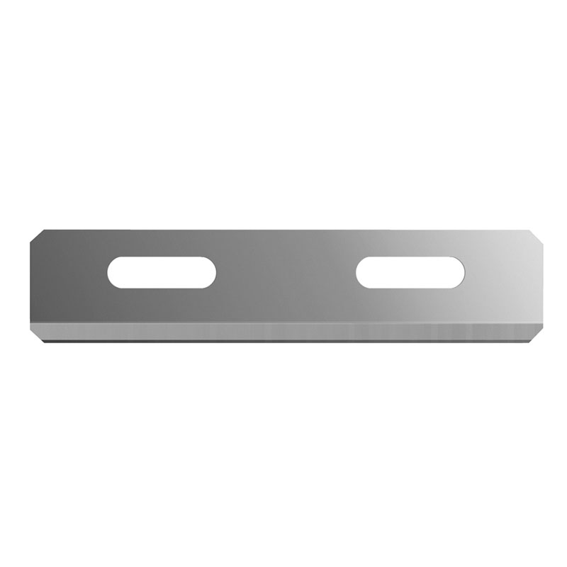 Long metallic mounting plate with two horizontal oval slots for fastening there are chamfered corners on both ends