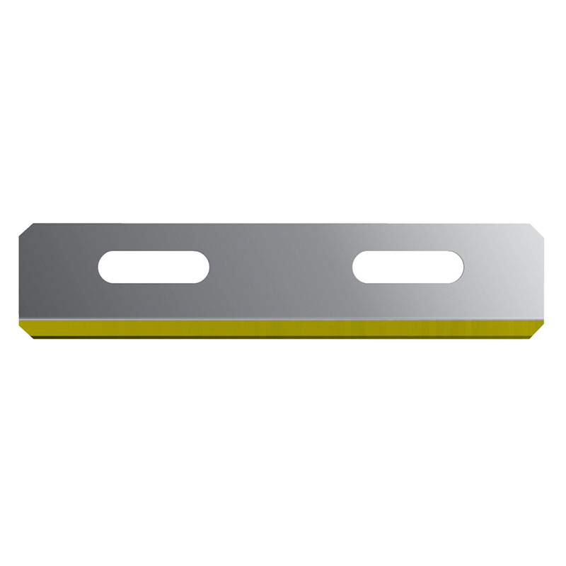 Flat metal bracket with two elongated oval holes and a yellow edge strip at the bottom