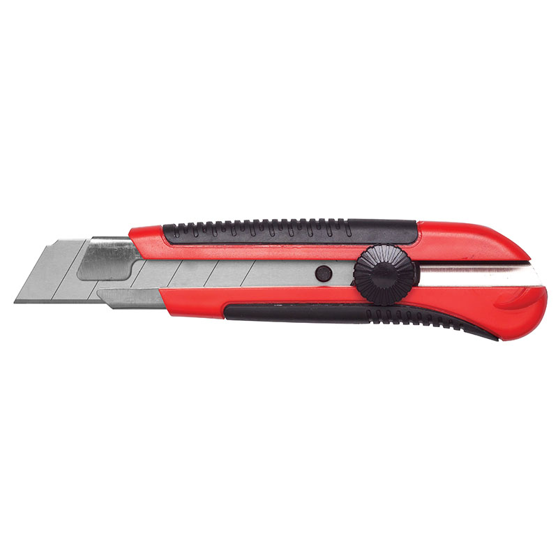 Retractable utility knife with red and black handle and extended metal blade for cutting materials such as cardboard