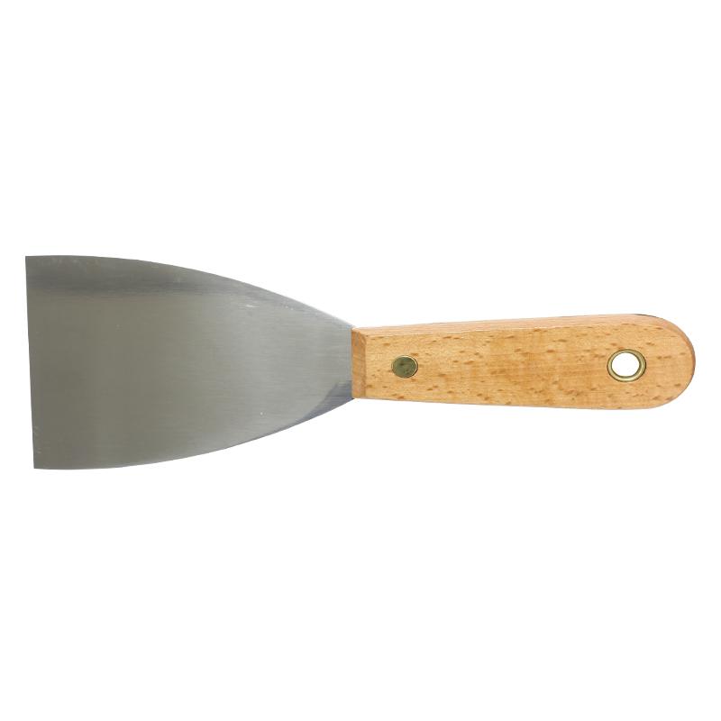 Garden trowel with a broad gray metal blade and a wood handle on a white background, used for digging soil and planting.