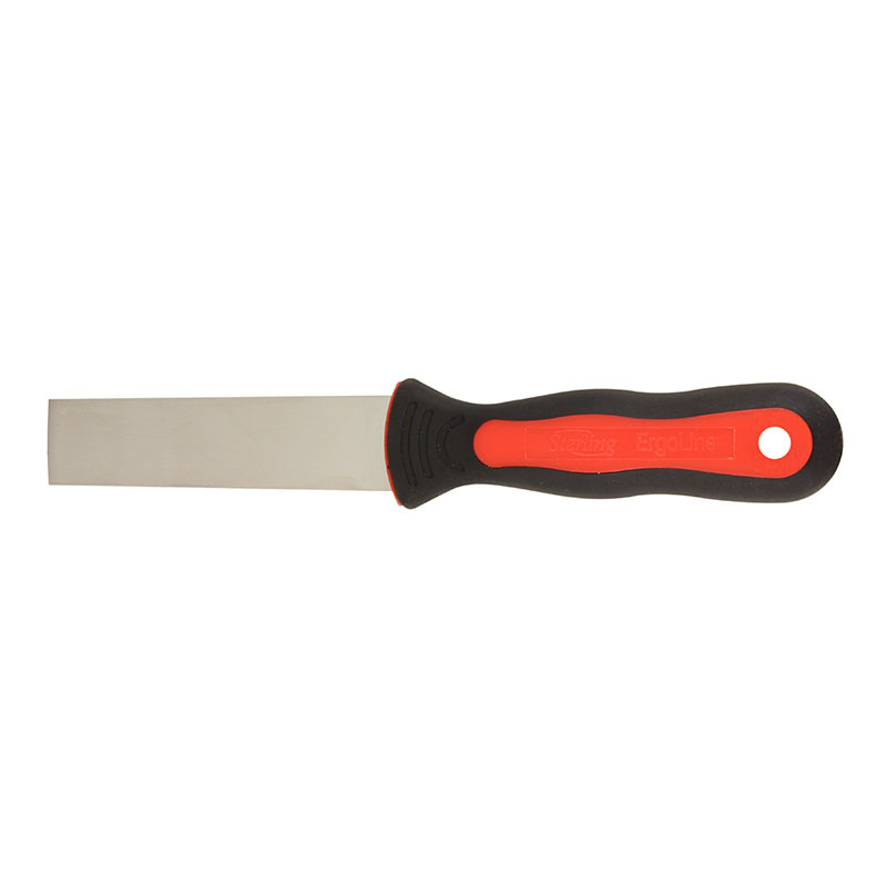 Putty knife with a straight metal blade and black-orange ergonomic handle for scraping and spreading materials