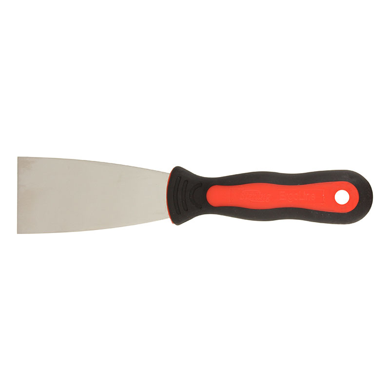 Putty knife with a wide metal blade and black-and-orange handle. Used for applying or smoothing putty or plaster on surfaces.