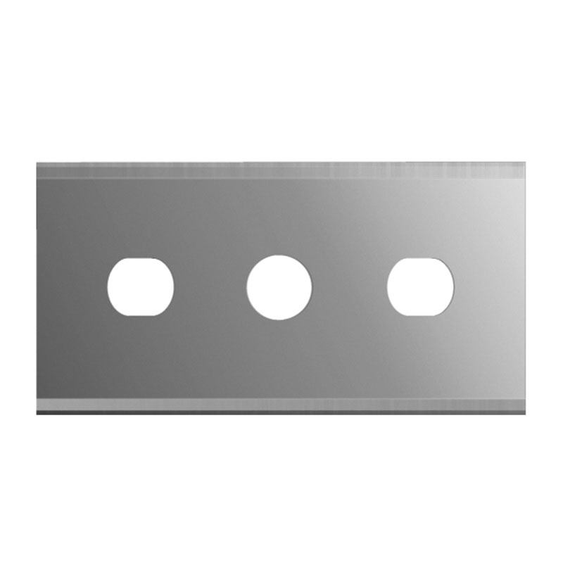 Gray metal strip with three circular holes spaced evenly