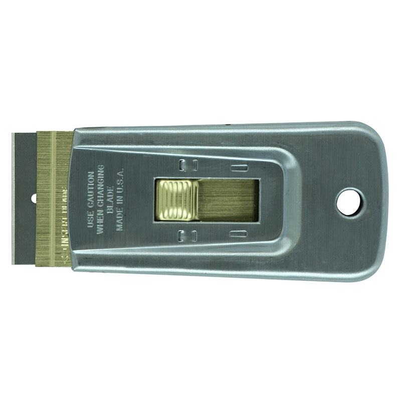 Metal utility knife with a sliding blade extended slightly, mounted on a rectangular handle with a hole for hanging.