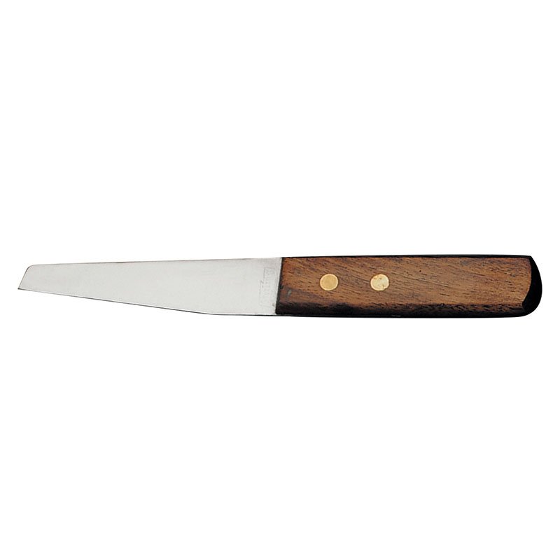 Kitchen knife with a wooden handle and two brass rivets on the tang.