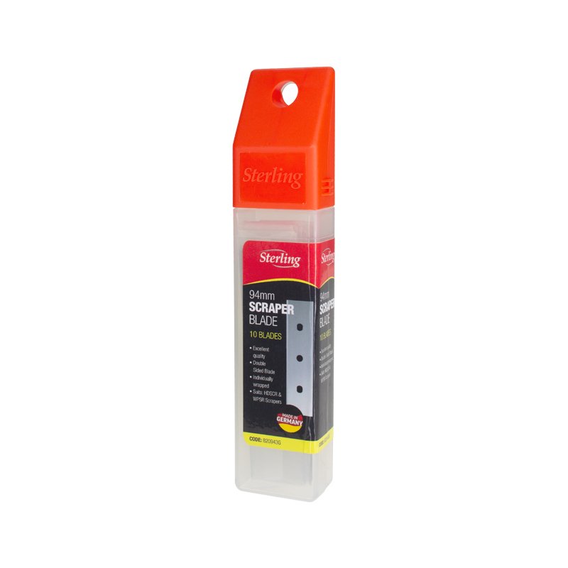 Sterling 94mm scraper blade pack with orange cap, containing 10 blades in a plastic case.