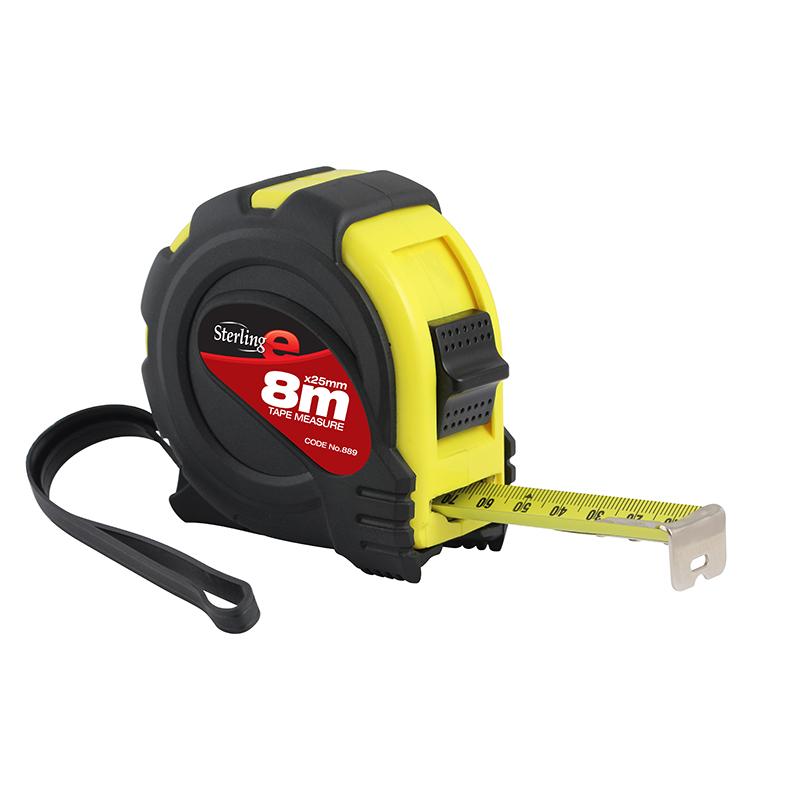 Yellow and black retractable tape measure with 8m tape and metal hook extended for measurementplate image visually shows its length marked on tape measure housing with strap nearby.