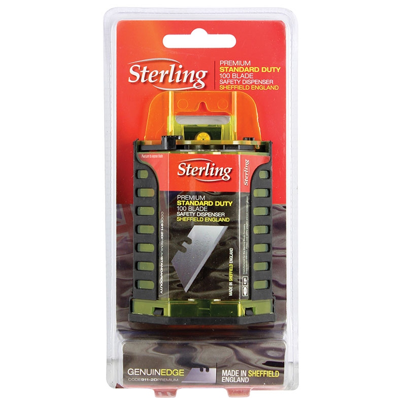 Sterling Premium Standard Duty safety blade dispenser, red and black packaging, 100 blades, made in Sheffield, England.