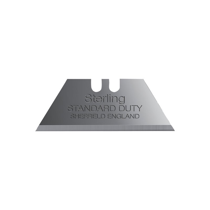 Silver razor blade logo with embossed text: 'Sterling Standard Duty Sheffield England' on a white background.