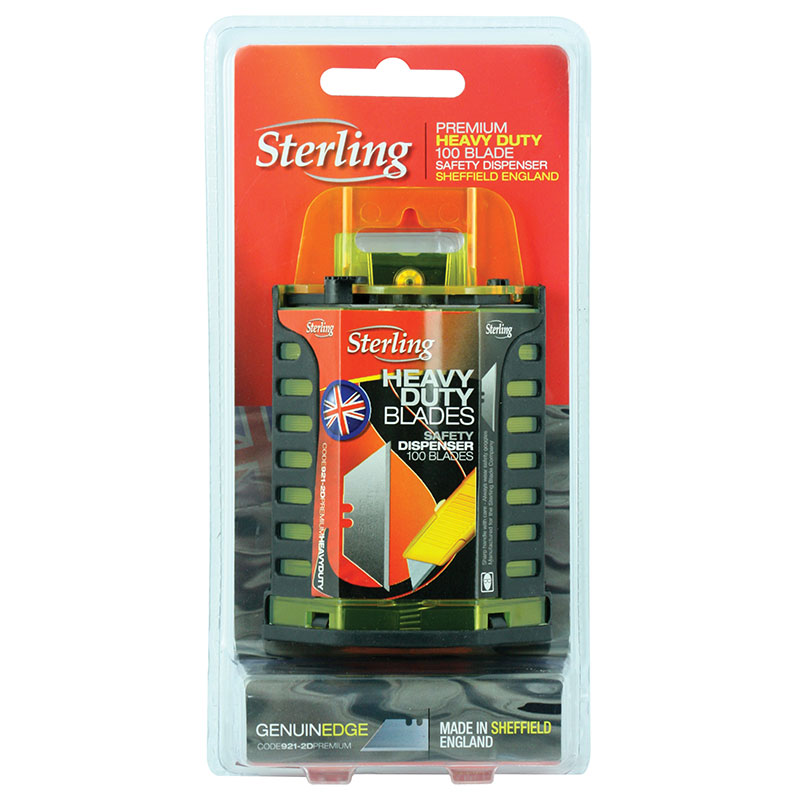 Sterling heavy-duty blade safety dispenser holding 100 blades in a green and orange case on a retail blister pack trailor.